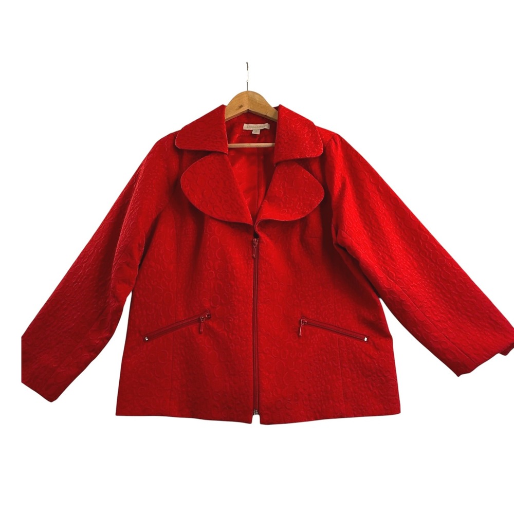 Laura Ashley Jacket 1X Red Jacquard Textured Zip Up Long Sleeve Coat